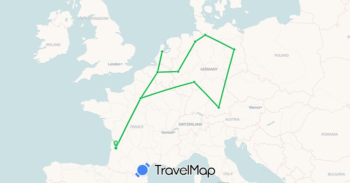 TravelMap itinerary: driving, bus in Belgium, Germany, France, Netherlands (Europe)