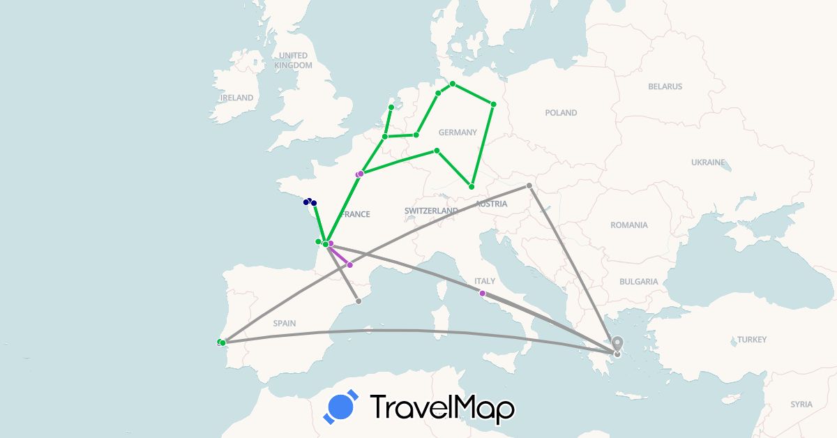 TravelMap itinerary: driving, bus, plane, train in Austria, Belgium, Germany, Spain, France, Greece, Italy, Netherlands, Portugal, Vatican City (Europe)